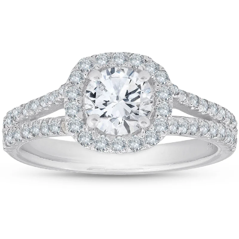 Ladies princess cut engagement rings-1Ct Diamond Cushion Halo Moissanite Split Shank Engagement Ring 10k White Gold