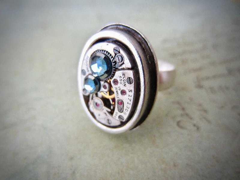 Ladies emerald cut rings-Steampunk Ring - Aquamarine Ring For Her - Watch Movement Ring - April Birthstone - Antique Silver - Adjustable Victorian Ring