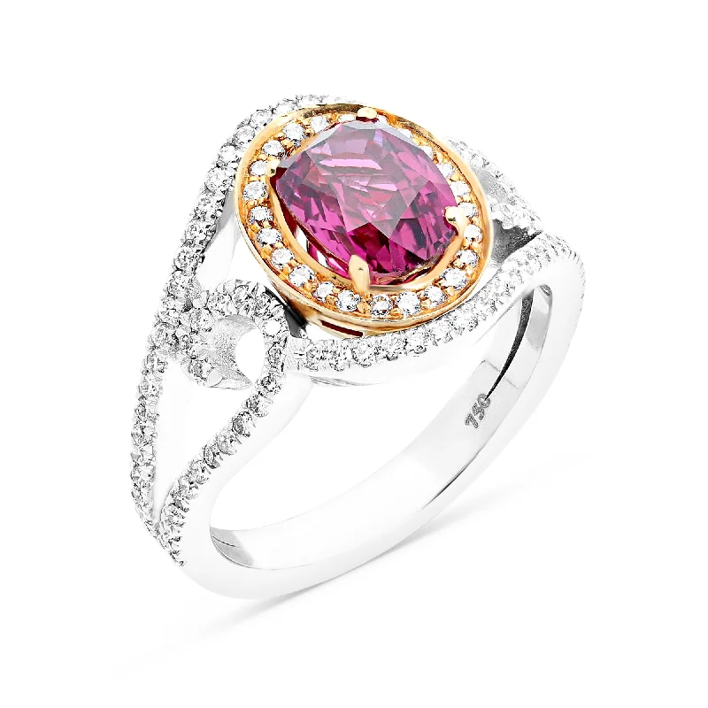 Ladies band rings-Pinkish Redish Ruby Unique Split Shank Birthstone Ring