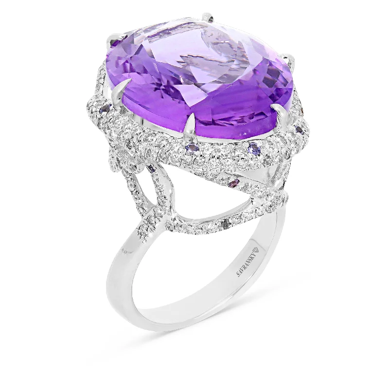 Ladies stackable gemstone rings-Oval Cut Purple Amethyst Cocktail Ring