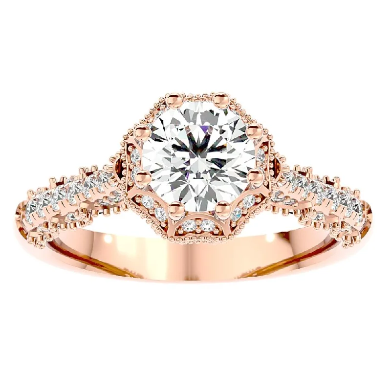 Ladies dual-tone engagement rings-1 1/10Ct Vintage Diamond Moissanite Halo Engagement Ring White Yellow Rose Gold