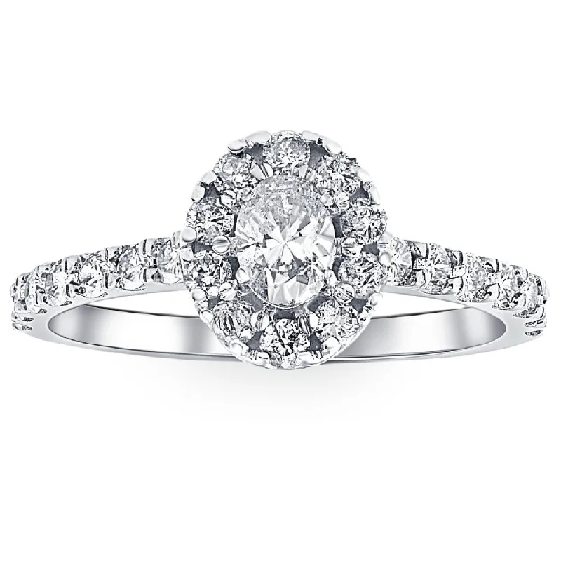 Ladies solitaire diamond engagement rings-1Ct Oval Diamond Halo Engagement Ring in 10k White Gold