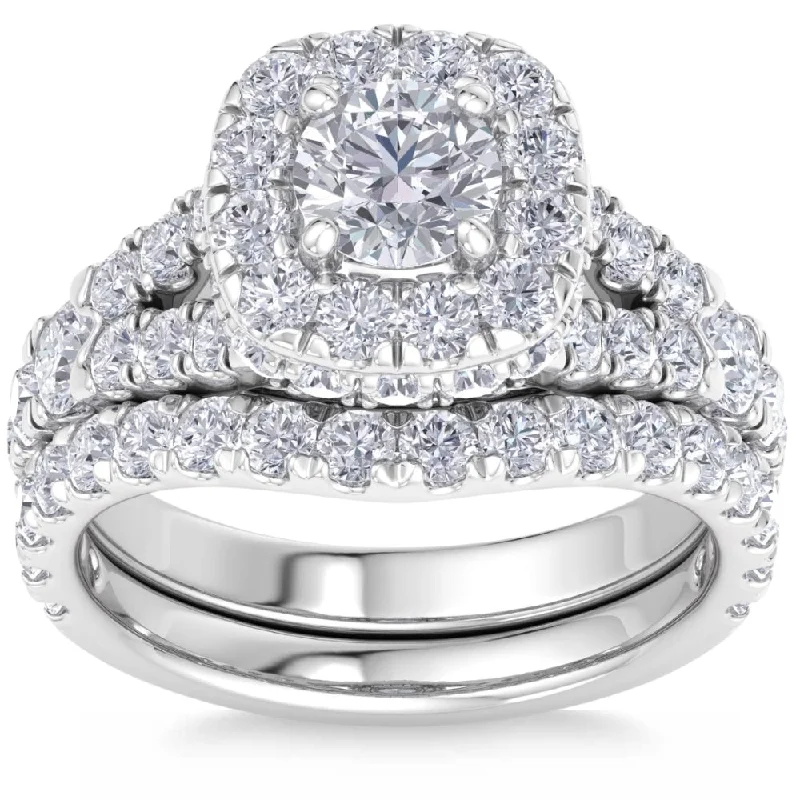 Ladies white gold engagement rings-3 1/2Ct Cushion Halo Split Ring Diamond Engagement Set in White Yellow Rose Gold