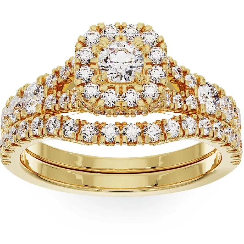 Ladies halo engagement rings-1 1/4Ct Lab Grown Diamond Engagement Wedding Ring Set in White or Yellow Gold