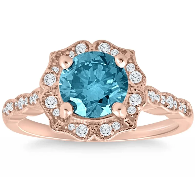 Ladies engagement rings with colored diamonds-2Ct TW Blue & White Diamond Halo Vintage Engagement Ring 14k Rose Gold