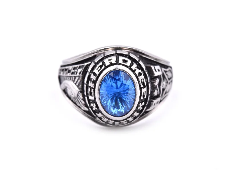 Ladies wedding band rings-Sterling Silver Synthetic Sapphire 1986 Cherokee H.S. Ladies Class Ring