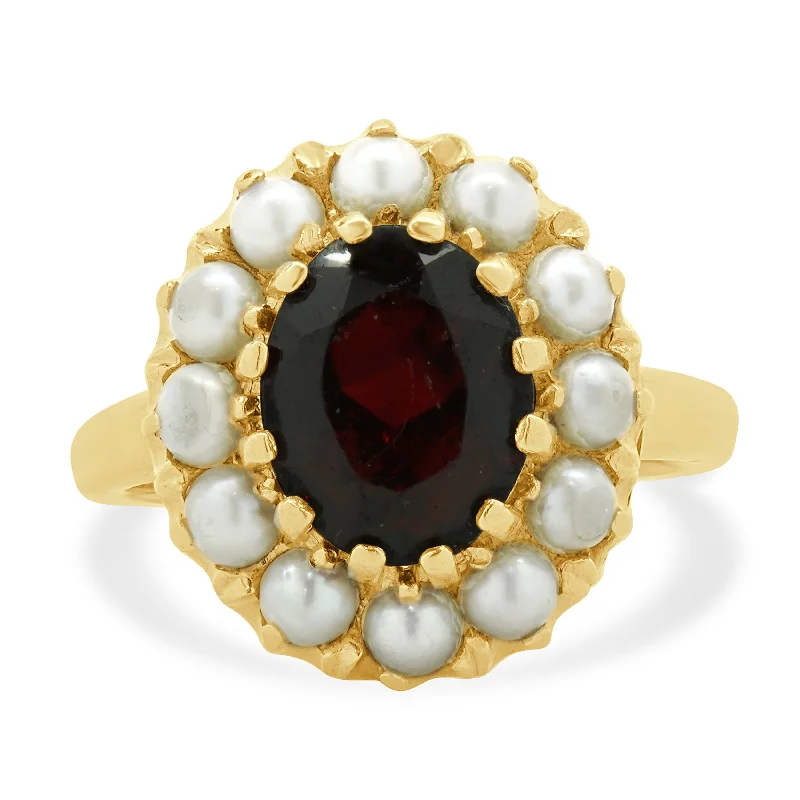 Ladies silver wedding rings-14 Karat Yellow Gold Oval Garnet and Pearl Halo Ring