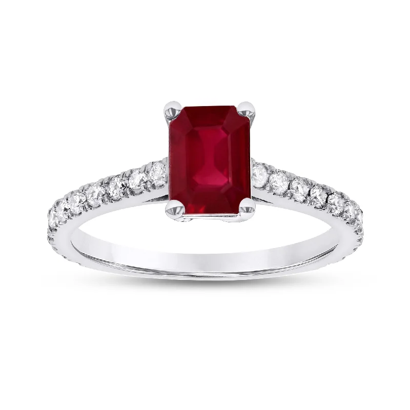 Ladies vintage diamond engagement rings-0.36ctw Diamond and Emerald Cut Ruby Engagement Ring in 14k White Gold