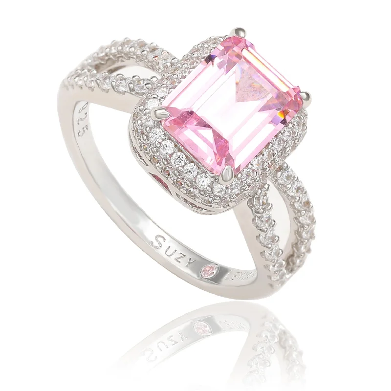 Ladies halo sapphire engagement rings-Suzy Levian Sterling Silver Pink Cubic Zirconia  Halo Engagement Ring