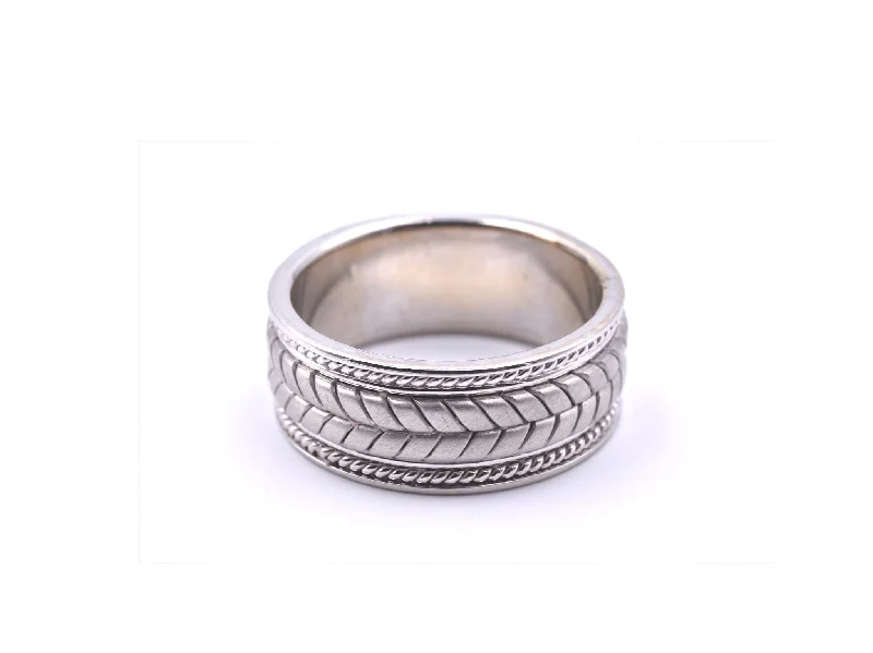 Ladies sterling silver rings-Gents 14k White Gold Carved Rope Band