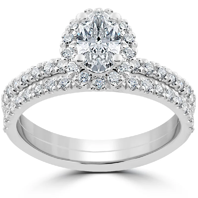 Ladies princess-cut solitaire engagement rings-1 1/4 ct Oval Halo Diamond Engagement Wedding Ring Set 14k White Gold