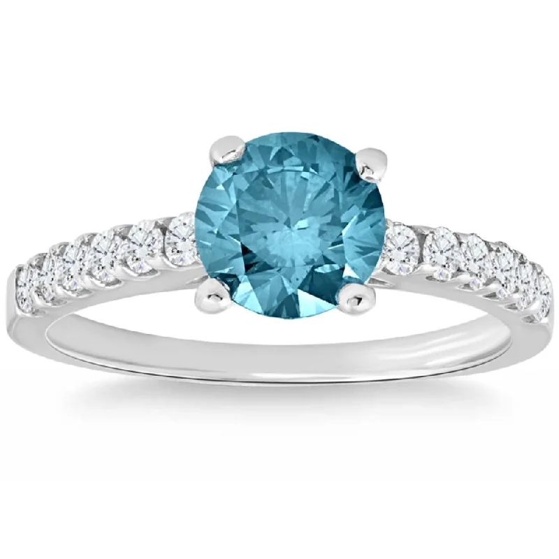 Ladies minimalist engagement rings-1 1/2Ct Blue & White Diamond Engagement Ring 14k White Gold Lab Grown