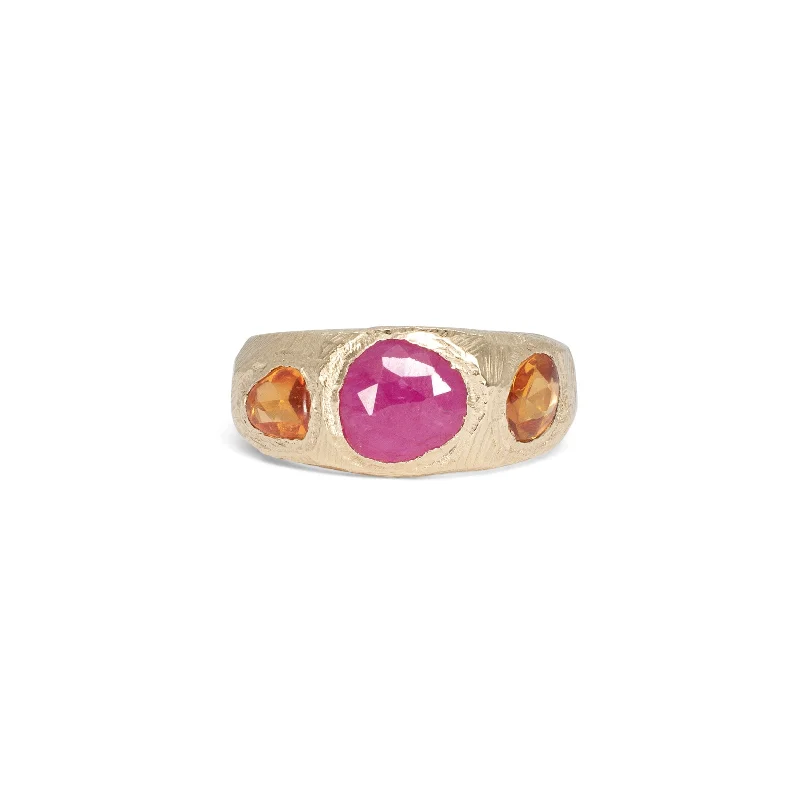 Ladies yellow gold rings-18K Three Stone Ring in Ruby and Orange Sapphire