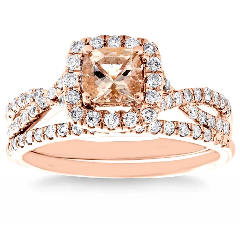 Ladies affordable diamond engagement rings-1C TW Cushion Morganite Diamond Engagement Wedding Ring Set 14k Rose Gold