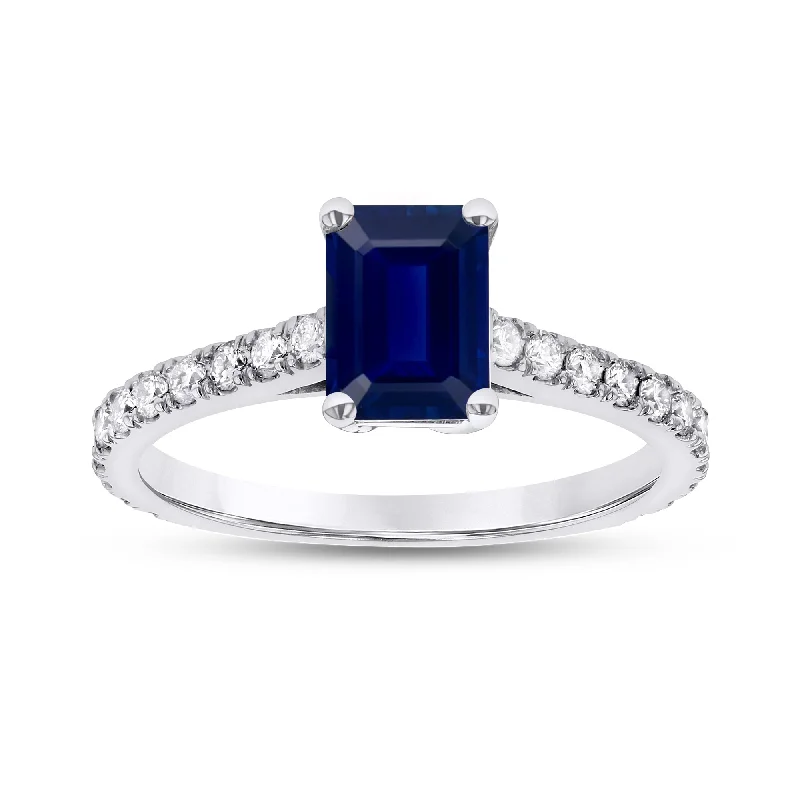 Ladies unique gemstone engagement rings-0.36ctw Diamond and Emerald Cut Sapphire Engagement Ring in 14k White Gold