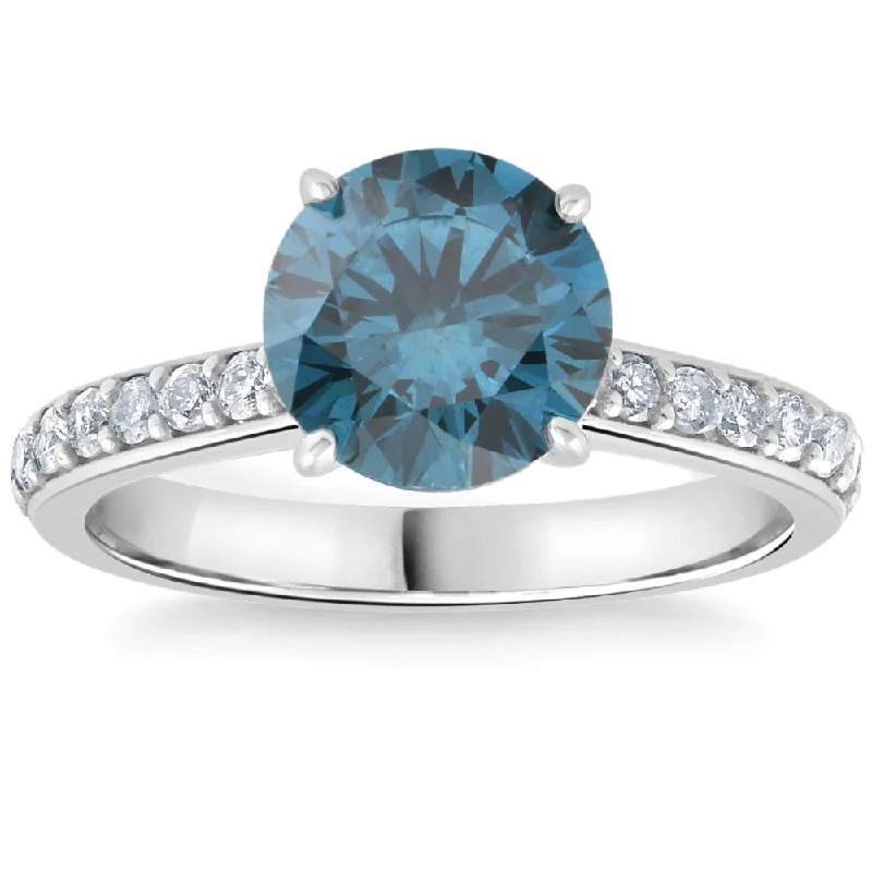 Ladies princess-cut solitaire engagement rings-2Ct TW Round Brilliant Cut Blue Diamond Engagement Ring 14k White Gold