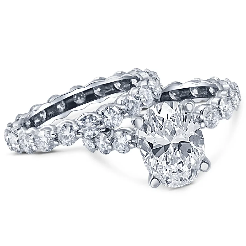 Ladies elegant diamond engagement rings-7Ct Moissanite Oval Eternity Engagement Wedding Ring Set in 14k White Gold