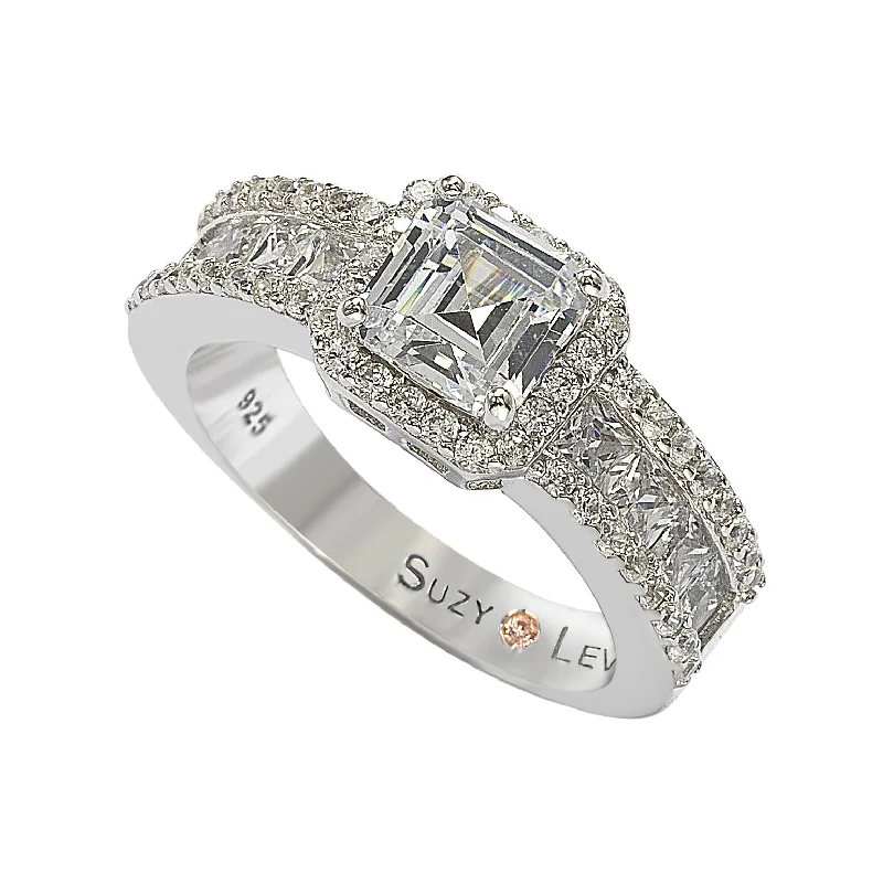 Ladies heart-shaped diamond engagement rings-Suzy Levian Sterling Silver White Cubic Zirconia Engagement Ring