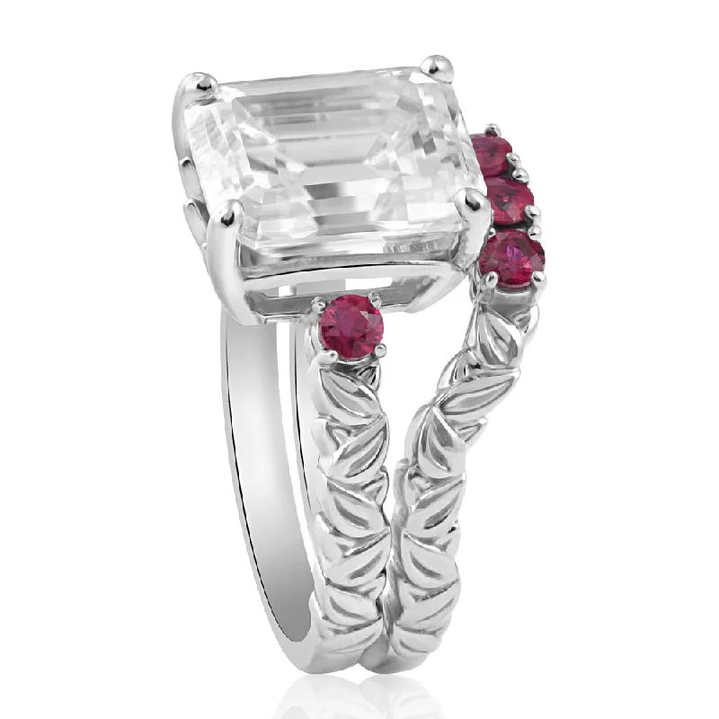 Ladies custom gold engagement rings-5 1/2Ct Ruby & Emerald Cut Moissanite Petite Leaf Engagement Set in Gold