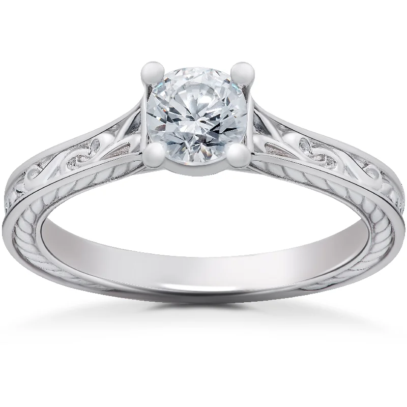 Ladies wedding engagement rings-1/2ct Lab Grown Vintage Scroll Solitaire Sophia Engagement Ring 14k White Gold