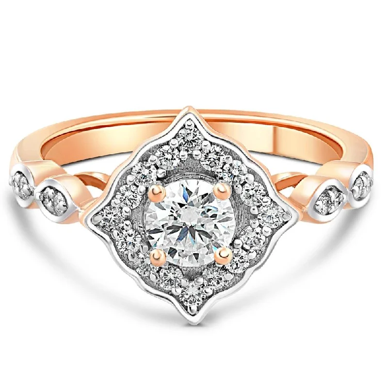 Ladies oval engagement rings-3/4Ct Round Moissanite & Lab Grown Diamond Engagement in Ring Rose or White Gold