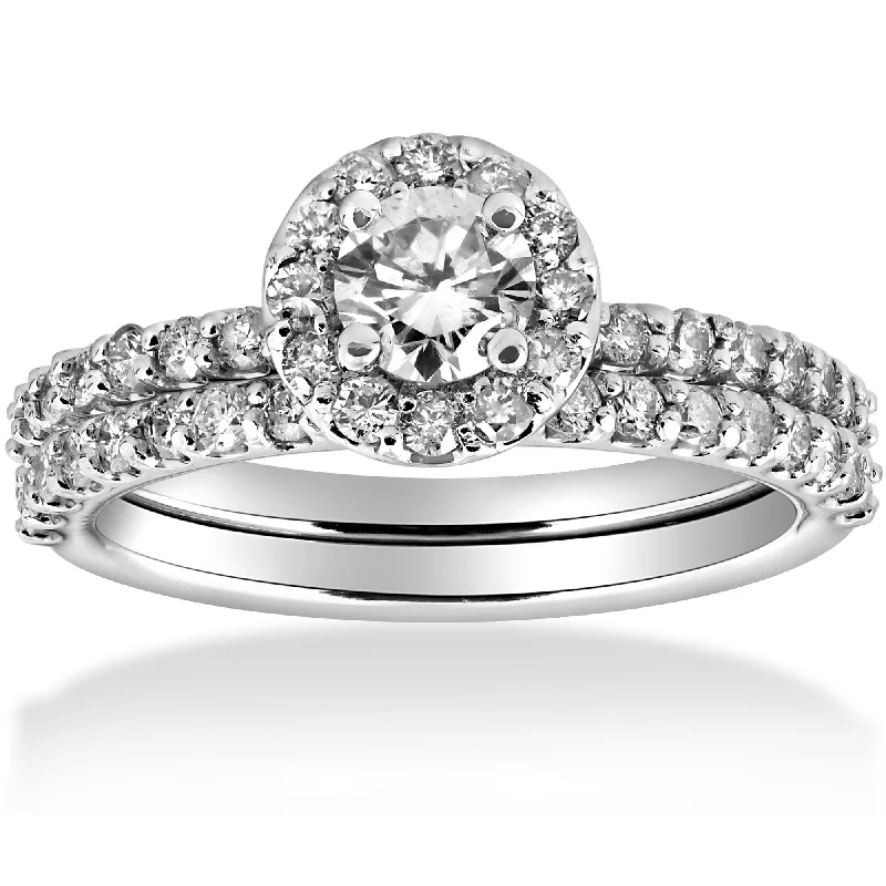 Ladies three-stone engagement rings-1 cttw Diamond Round Halo Engagement Wedding Ring Set 14k White Gold