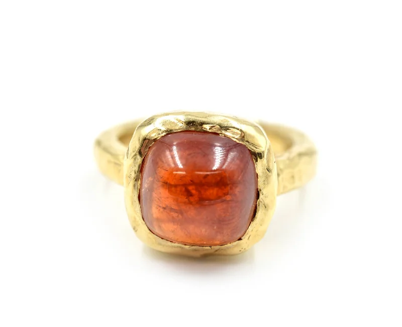 Ladies emerald rings-Cabochon Red Tourmaline 14k Yellow Gold Hammered Ring