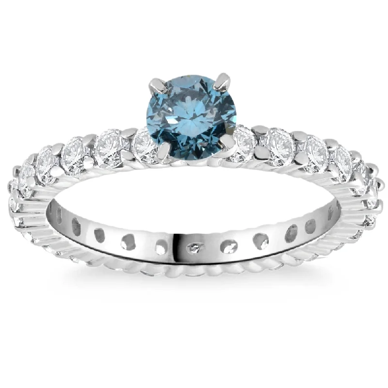 Ladies wedding sets with engagement rings-1 1/3Ct Blue & White Diamond Eternity Engagement Ring 14k White Gold