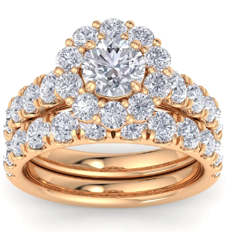 Ladies solitaire diamond engagement rings-4Ct Diamond Halo Engagement Wedding Ring Set in White Yellow or Rose Gold