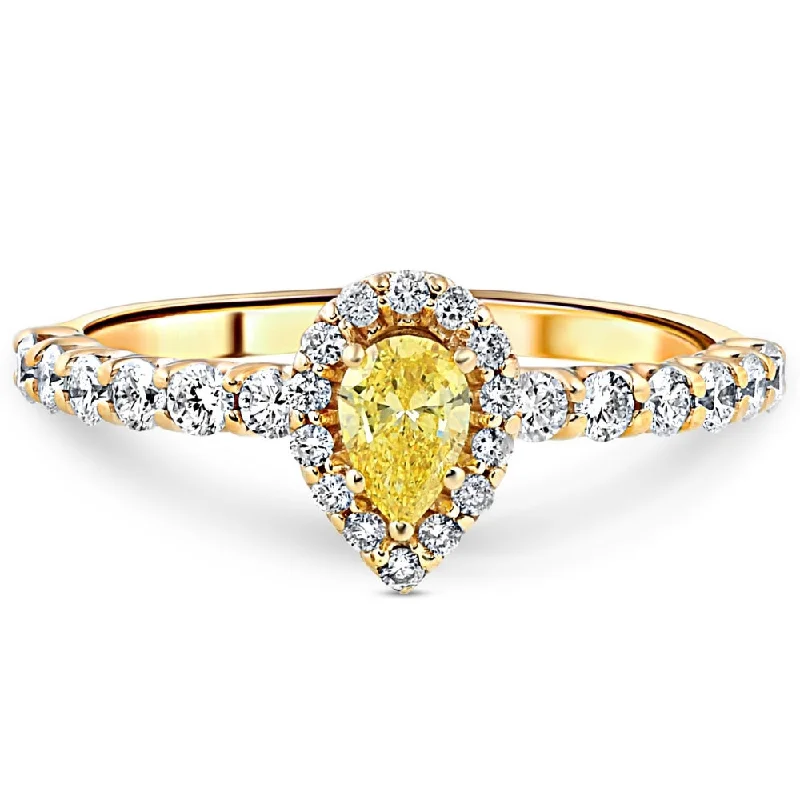 Ladies sapphire halo engagement rings-3/4CT Fancy Yellow Pear Lab Grown Diamond Halo Engagement Ring Yellow Gold