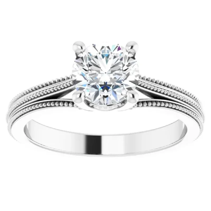 Ladies vintage-inspired engagement rings-1 Ct Round Diamond Engagement Ring 14k White Gold Vintage Accent Enhanced