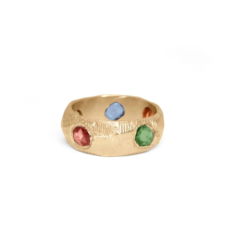 Ladies rose gold rings-18K Five Sapphire Ring in Rainbow with Tsavorite