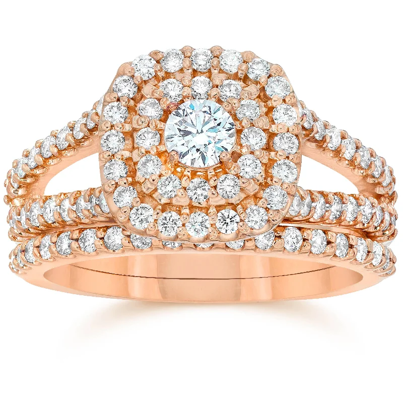 Ladies engagement rings with diamonds-1 1/10ct Diamond Cushion Halo Engagement Wedding Ring Set 10k Rose Gold