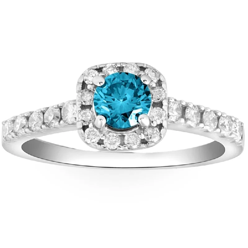 Ladies diamond engagement rings-1Ct Blue Diamond Cushion Halo Engagement Ring in 14k White Gold