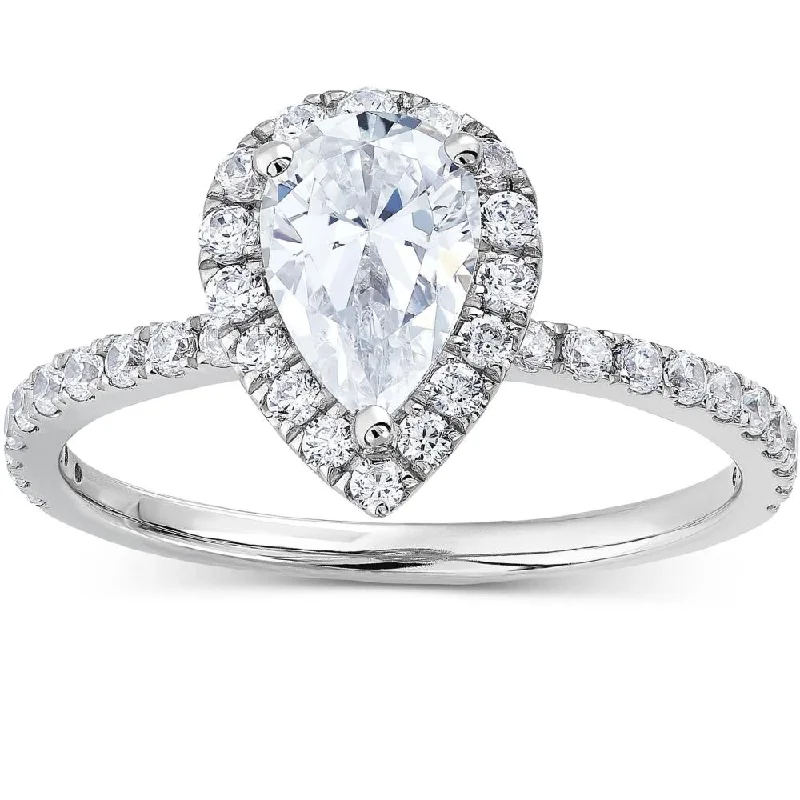 Ladies elegant diamond engagement rings-1 1/3Ct TW Pear Shape Halo Diamond Engagement Ring 14k White Gold Lab Grown