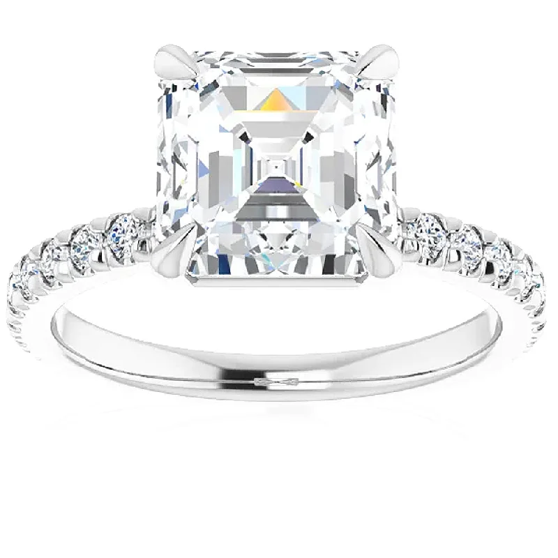 Ladies personalized engagement rings-3 1/3Ct Asscher Cut & Diamond Engagement Ring in White, Yellow, or Rose Gold