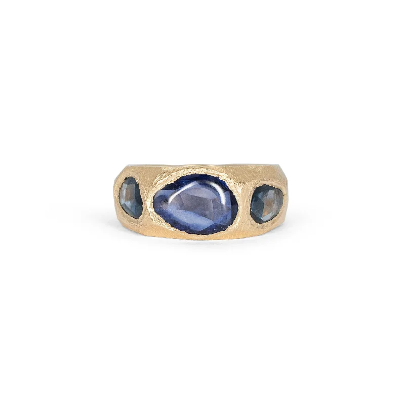 Ladies fashion rings with gemstones-18K Three Stone Ring in Light and Dark Blue Sapphires