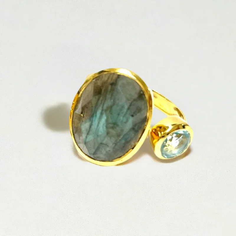 Ladies stacked diamond rings-Julia Labradorite & Aquamarine Double Stone Ring