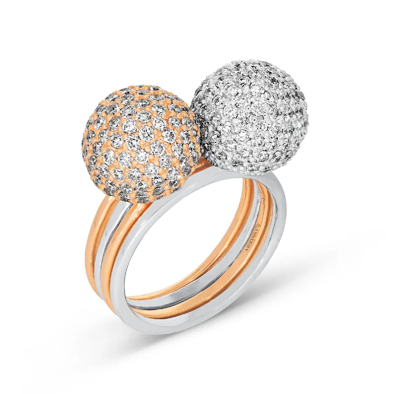 Ladies silver statement rings-Two Tone Yellow and White Gold Combo Pave Bauble Ring