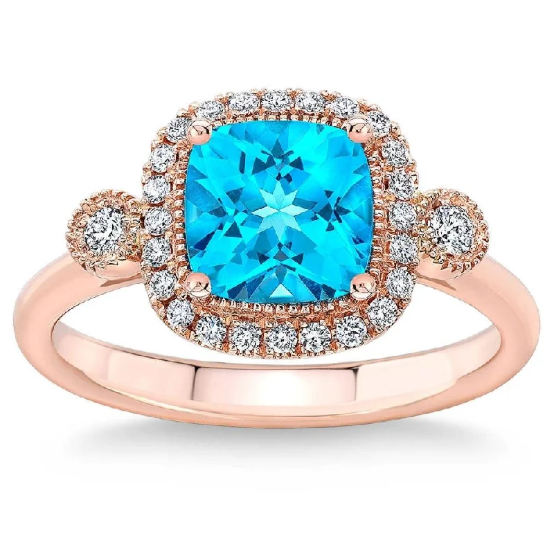 Ladies minimalist engagement rings-2Ct TW Blue Cushion Topaz & Diamond Halo Engagement Ring in 14k Rose Gold