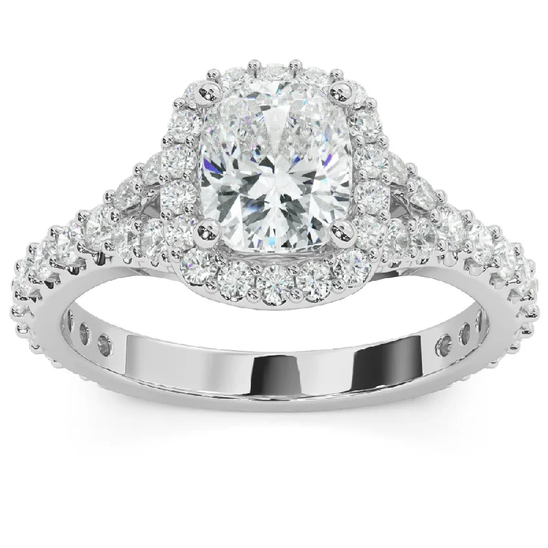 Ladies vintage-inspired engagement rings-2Ct Cushion Halo Lab Grown Diamond Engagement Ring in 14k Gold