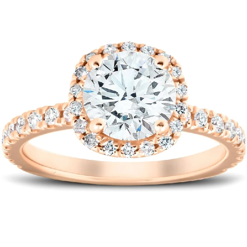 Ladies platinum solitaire engagement rings-1 3/4 Ct Diamond Cushion Halo Engagement Ring 14k Rose Gold