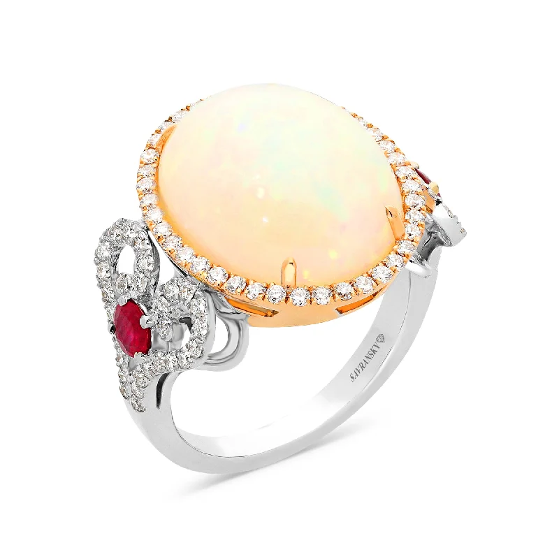 Ladies wedding rings with diamonds-Cabochon Oval Cut Opal Birthstone Statement Ring