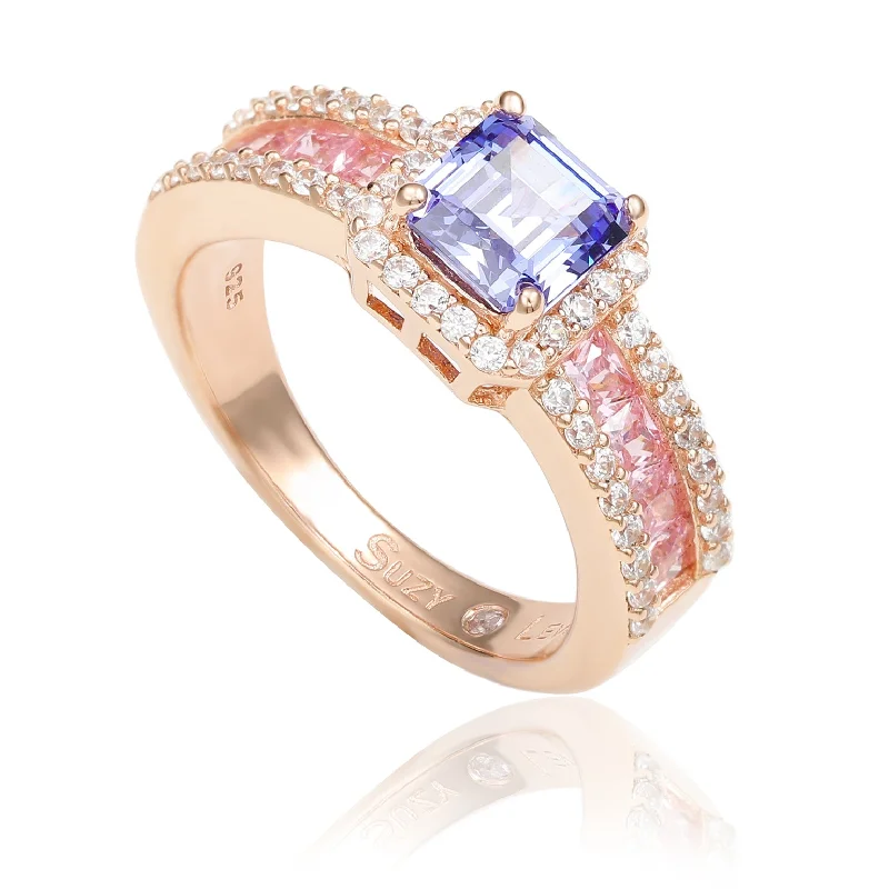 Ladies vintage rose gold engagement rings-Suzy Levian Rose Gold Sterling Silver Blue Tanzanite Pink Cubic Zirconia Engagement Ring