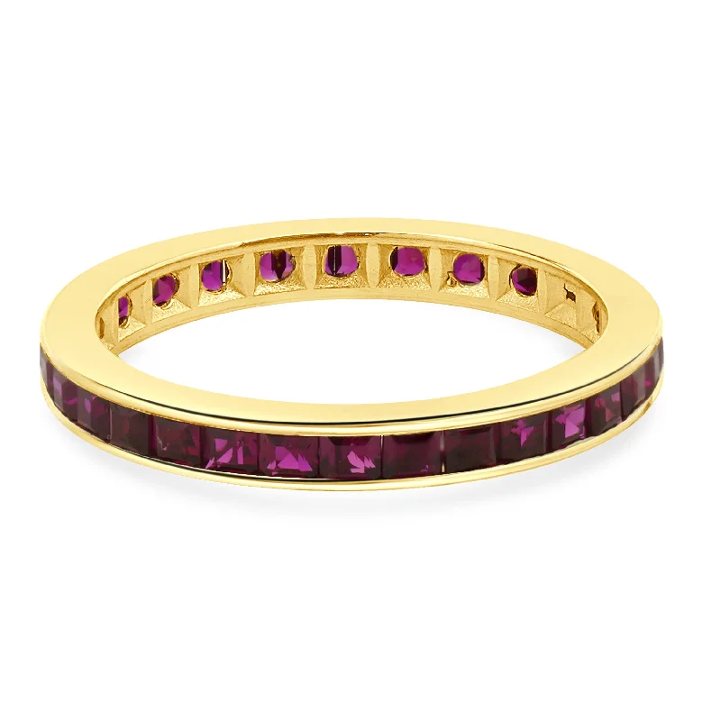 Ladies wedding band rings-14 Karat Yellow Gold Lab Grown Ruby Eternity Band