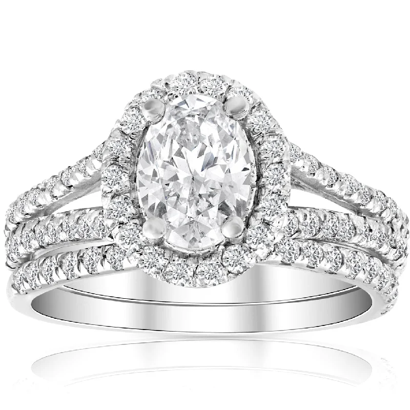 Ladies art deco engagement rings-1.75Ct Oval Diamond Split Halo Engagement Wedding Ring Set White Gold Enhanced