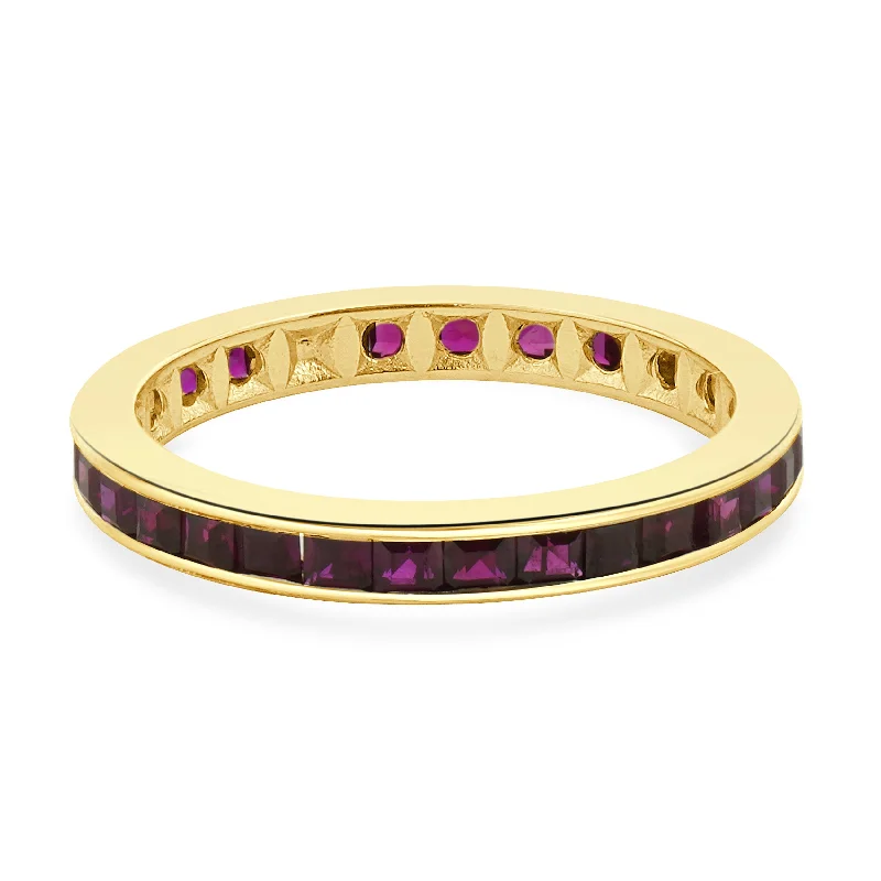 Ladies anniversary rings-14 Karat Yellow Gold Lab Grown Ruby Eternity Band