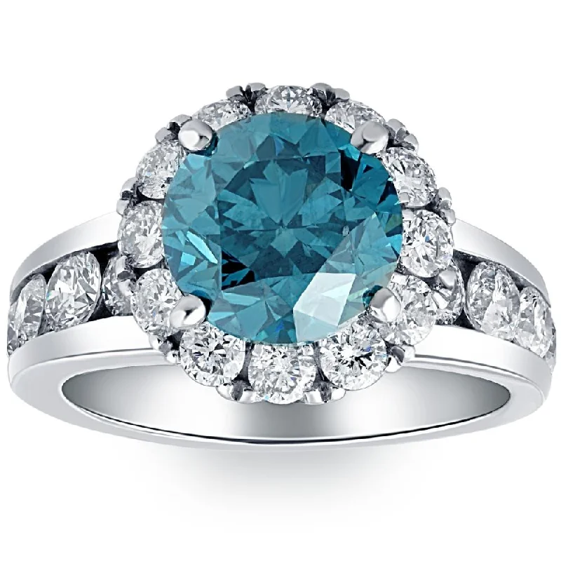 Ladies forever-one engagement rings-5Ct Blue Diamond Halo Engagement Ring in White Gold Lab Grown