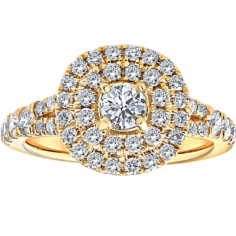 Ladies three-stone diamond engagement rings-1 Ct TW Diamond Cushion Halo Engagement Ring in Yellow Gold