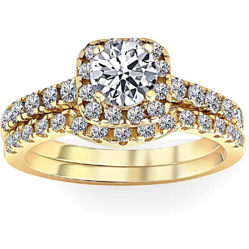 Ladies vintage engagement rings-1 1/4 Ct Diamond Cushion Halo Engagement Wedding Ring Set 14k Yellow Gold